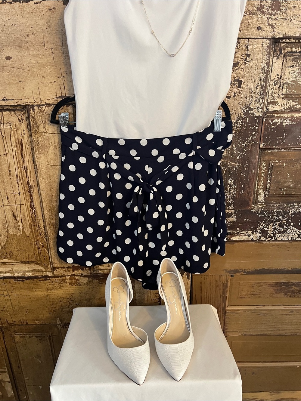 Navy White Polka Dot Paperbag Waist Shorts | With Pockets | Size XL